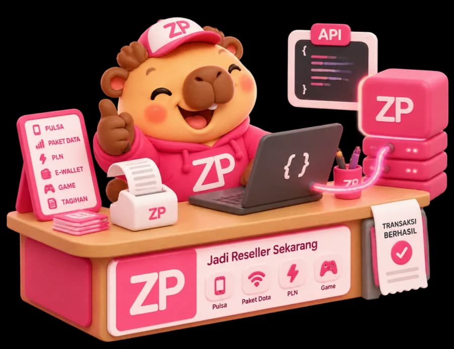 Maskot Zapup menjaga konter pulsa dengan laptop dan printer struk