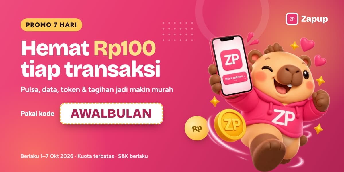 Banner promo Zapup kode AWALBULAN, hemat Rp100 tiap transaksi