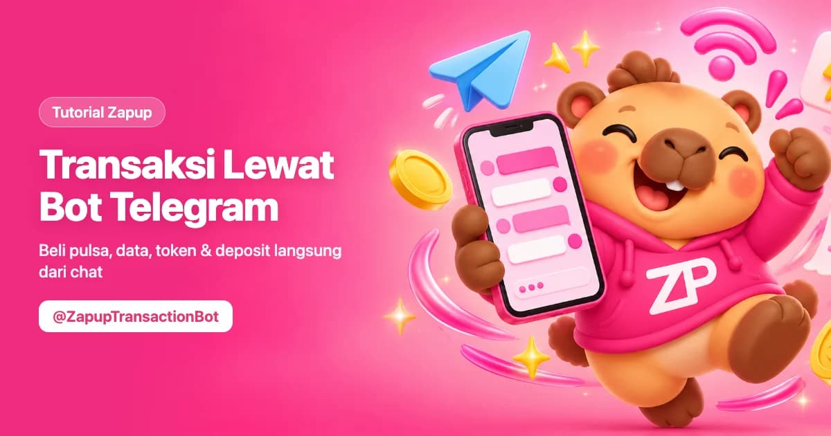 Maskot Zapup memegang HP dengan chat bot Telegram